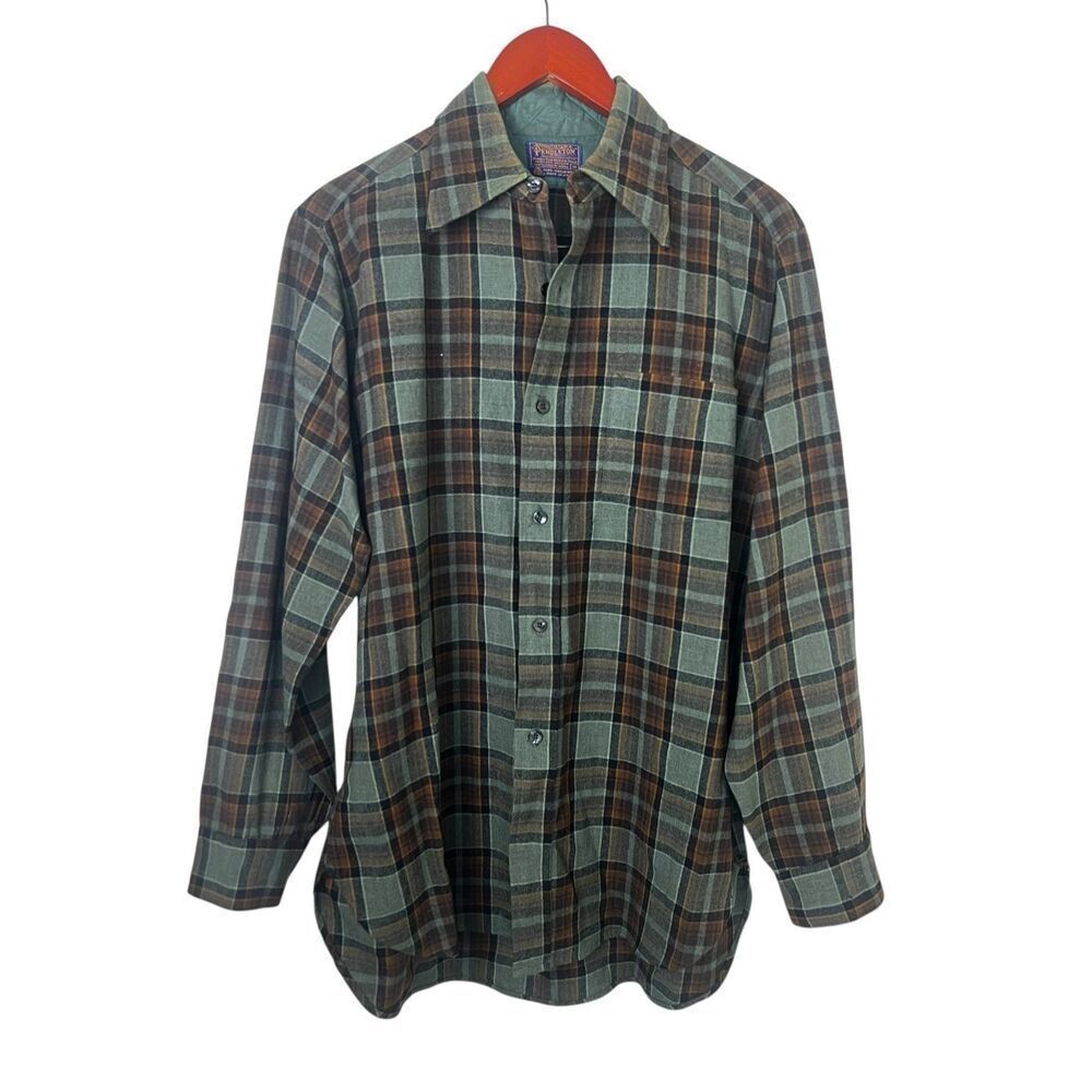 Pendleton vintage Board Shirt Plaid 100% Wool Men's Medium green brown holiday